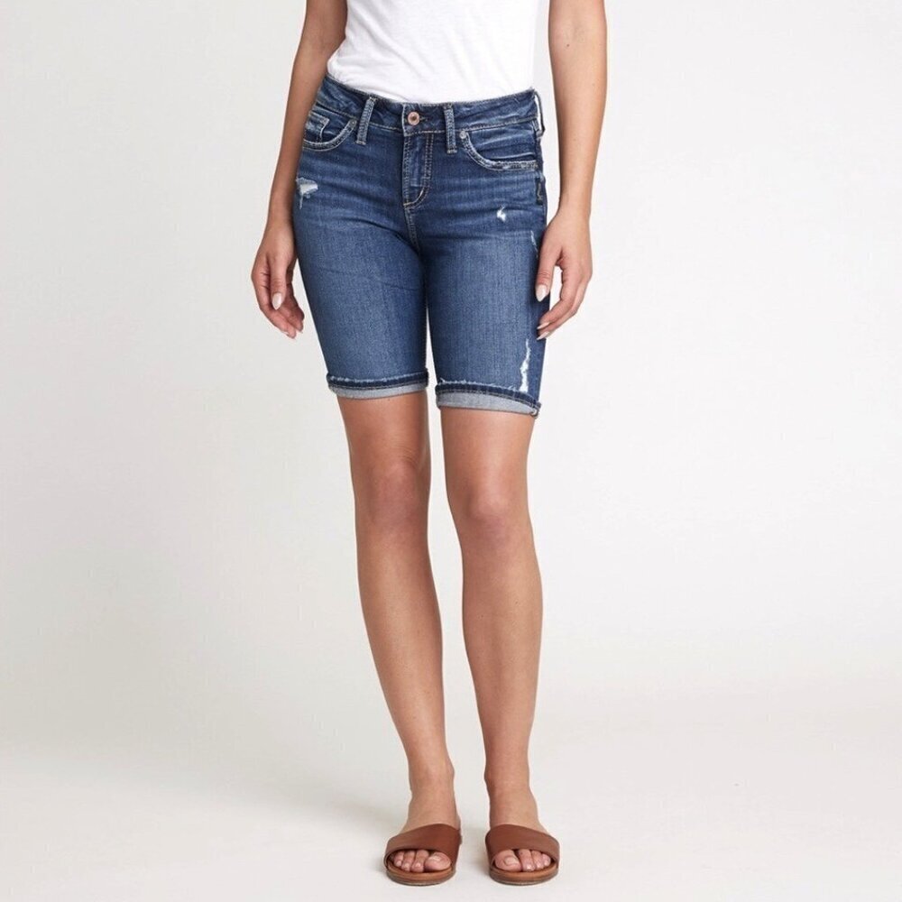 Silver Jeans 20 Suki Bermuda Denim Women’s Shorts Stretch Mid Rise Distressed